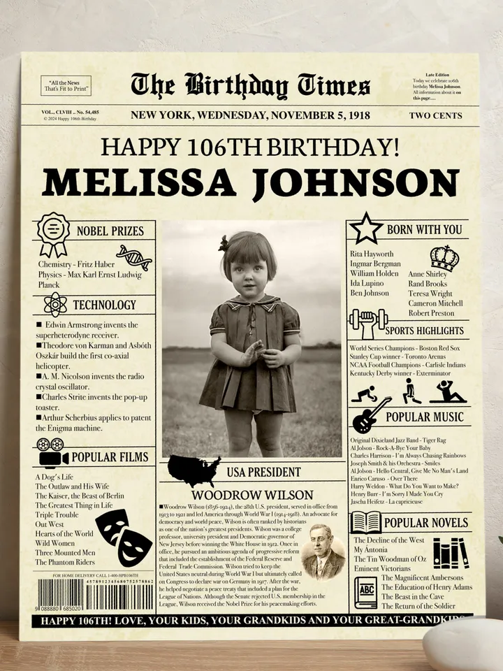 106th birthday, woman celebrates 106th birthday, 1918 birthday gift, 106 birthday newspaper, happy 106th birthday, 1918 birthday ideas