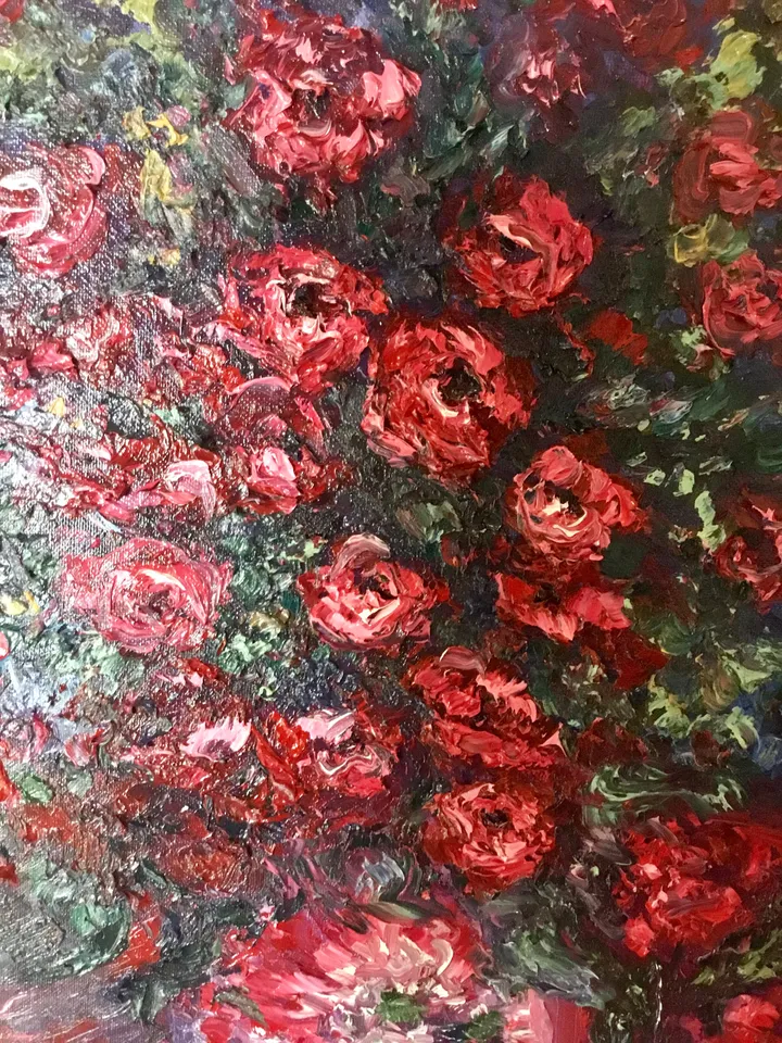 Red flowers in a vase,original oil heavy textured impasto painting on 3d canvas ,wall hanging,home decoration,gift.