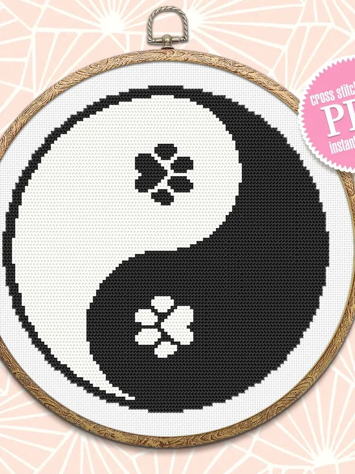 Yin Yang cross stitch pattern download PDF Ying yang mandala pattern digital Cat paw beginner stitch Chinese embroidery Cat lover gift #M90