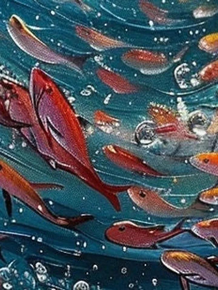Original School Of Fish On The Bottom Of The Sea Oil Painting On Canvas, Abstract Blue Ocean Painting, Living Room Wall Art, Custom Painting