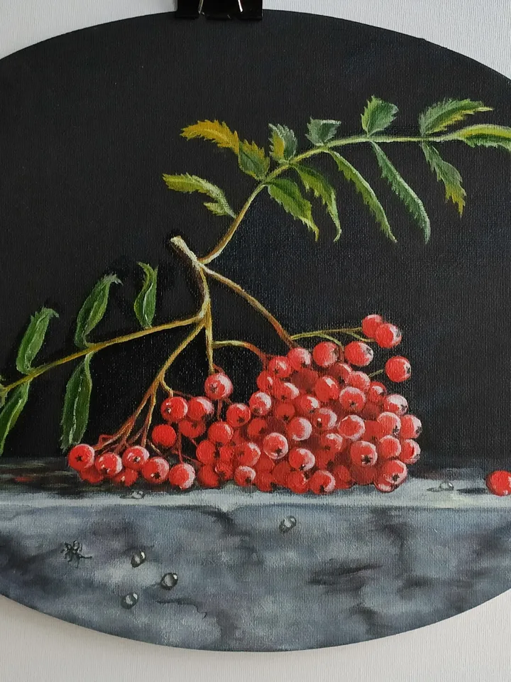 rowan on marble still life oil painting realism oval