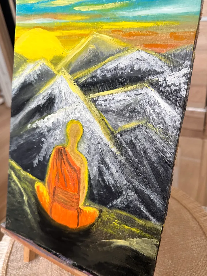 Oil Painting Shaolin Monk Evening Meditation in the Mountains Figurative Male Portrait Mountain Landscape Cardboard 30x21 cm 12x8 inches 3D Image Wall Decor