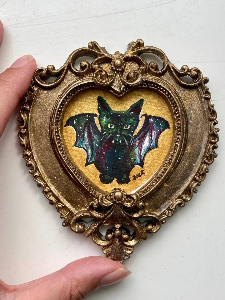 Bat Painting Small Framed Art Goth Painting Bat Gifts, Mini Gold Framed Decor, Cat Bat, Black Cat Art, Tiny Art Whimsigoth Decor