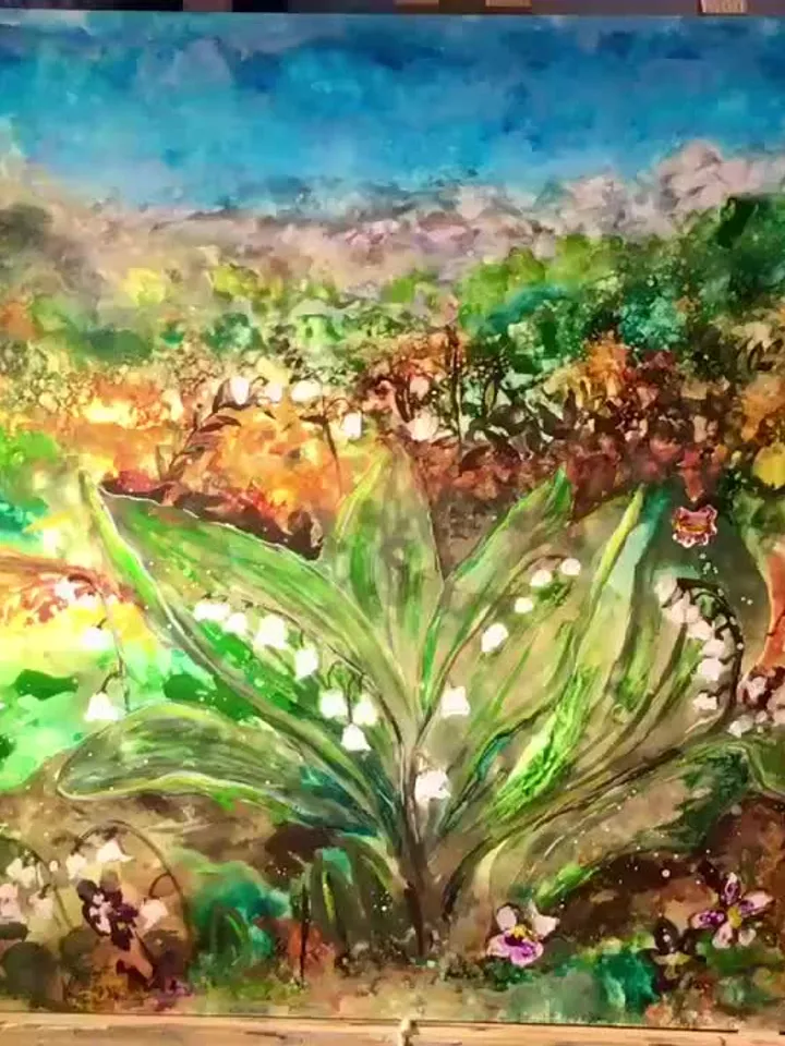 Lillies of the valley original watercolour and alcohol inks mix media painting on yupo paper,flowers painting, flower fields landscape