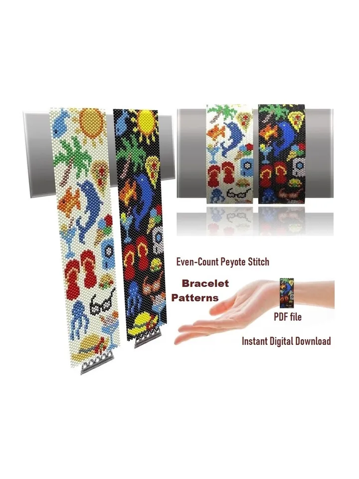 Flat Even Count Peyote Stitch Beading Patterns Cuff Bracelets, Miyuki Delica or Czech beads Preciosa, Instant Download