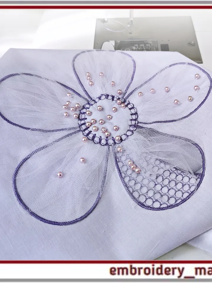 3D embroidery design flower appliqué with mesh drapery by Embroidery Manavi 05