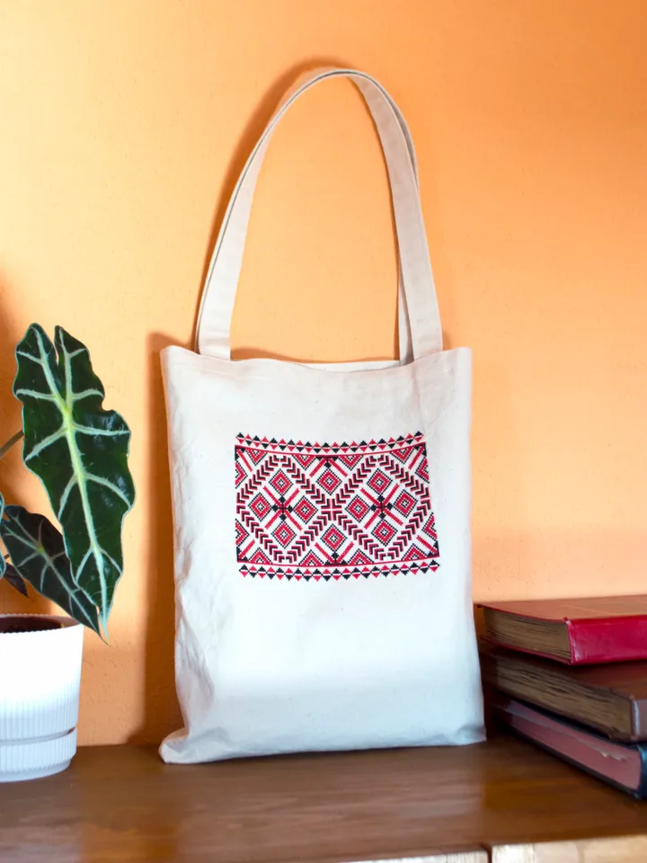 Shopper bag with hand embroidery folk ornament