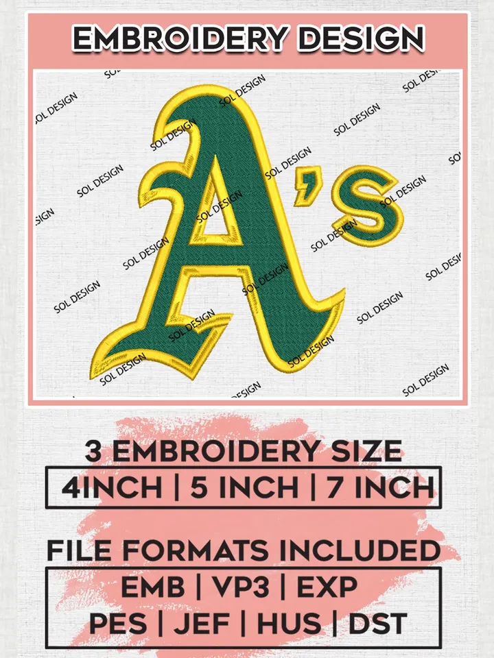 Oakland Athletics Logo Embroidery Designs, MLB Oakland Athletics Embroidery Design, MLB Embroidery Design Files, MLB Logo, 3 sizes, Machine embroidery Files, Digital Download
