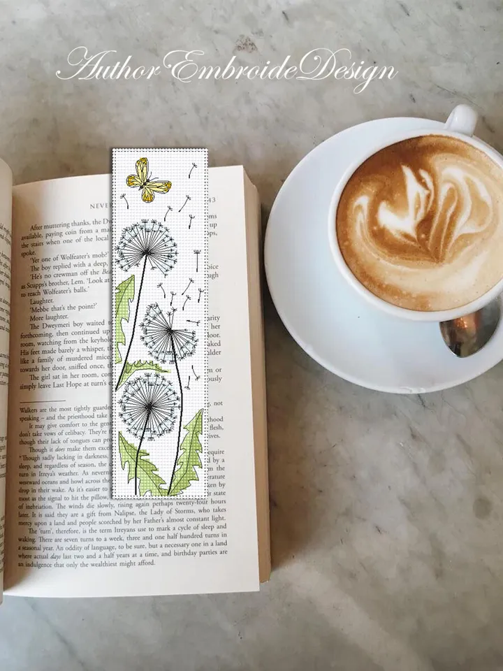 Dandelion bookmark cross stitch pattern download PDF Dandelion flowers cross stitch chart, Bookmark pattern digital, Floral backstitch #B413