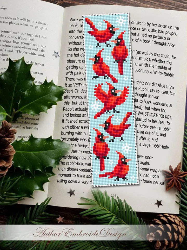 Christmas bookmark cross stitch pattern PDF download Red cardinal cross stitch chart, Bookmark pattern digital PDF, Bird cross stitch #N383