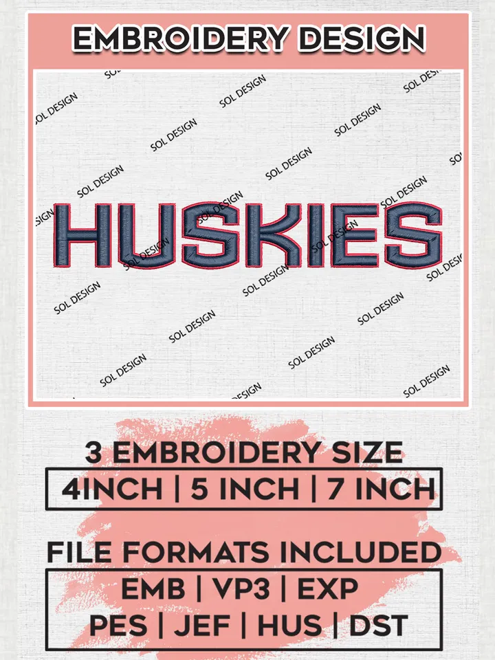 NCAA Huskies College Team Word Logo Embroidery Design Files, NCAA UConn Huskies Machine Embroidery, NCAA Teams, 3 sizes, NCAA Machine embroidery designs, Digital Download