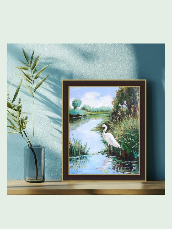 Heron on a Tranquil Riverbank - Impressionist Palette Knife Oil Painting Bird Standing by the Water in Lush Greenery Original Artwork