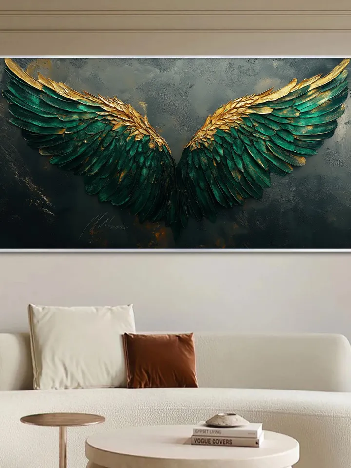 Large Emerald Green & Gold Angel Wings Impasto Painting, Textured 3D Wall Art, Original Abstract Art, Unique Home Decor, Office Wall Decor
