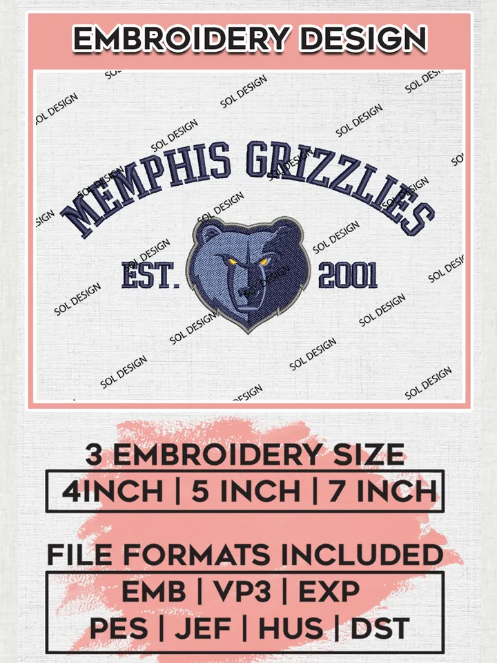 NBA Memphis Grizzlies Basketball Team Est Logo Embroidery Design, NBA Memphis Grizzlies Logo Embroidery Files, Basketball Team Machine Embroidery, Machine Embroidery Design