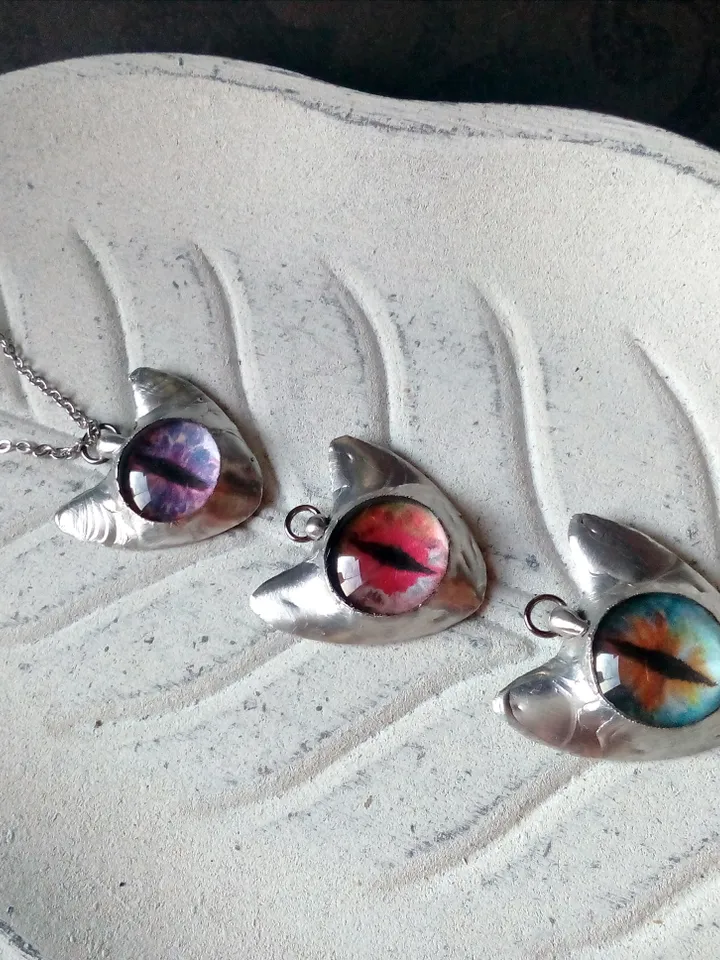 CAT necklace, cat eye tin soldered pendant, cat lovers jewelry, Halloween necklace, witchy aesthetic, goth bat pendant