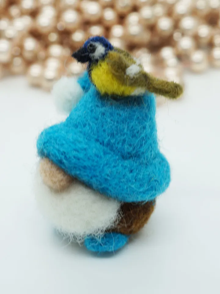 Miniature needle felted gnome, spring gnome, blue tit, made to order