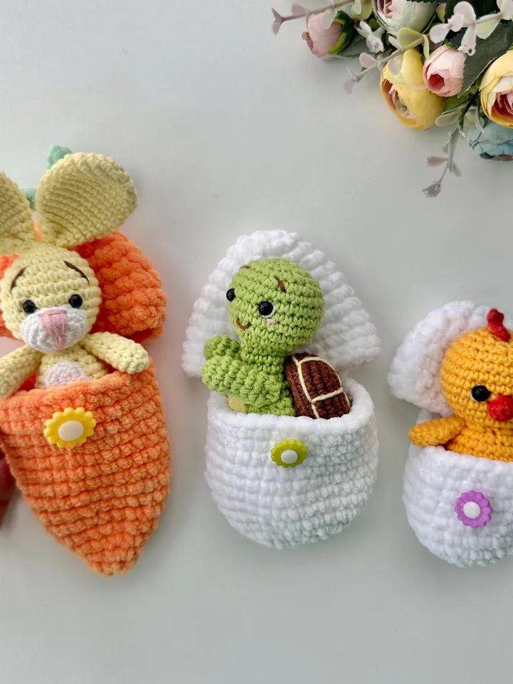 Crochet Pattern: Easter Bunny in Carrot, Turtle in Egg, and Chick in Egg - Amigurumi Plushie Crochet Patterns - PDF in English