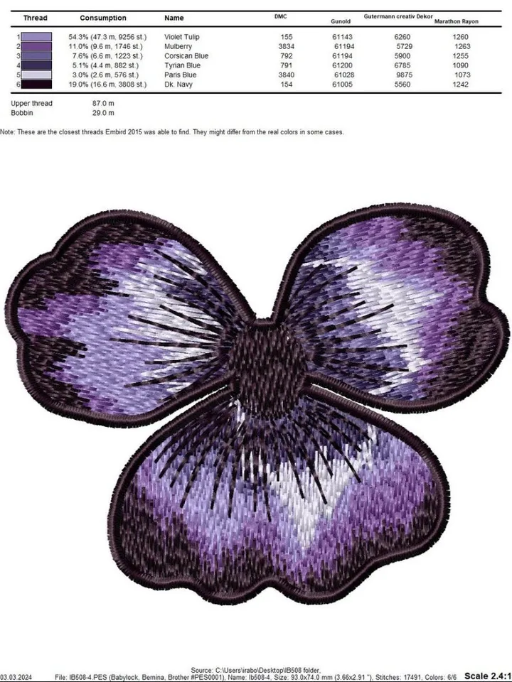 Machine embroidery design FSL 3D brooch “Pansies”