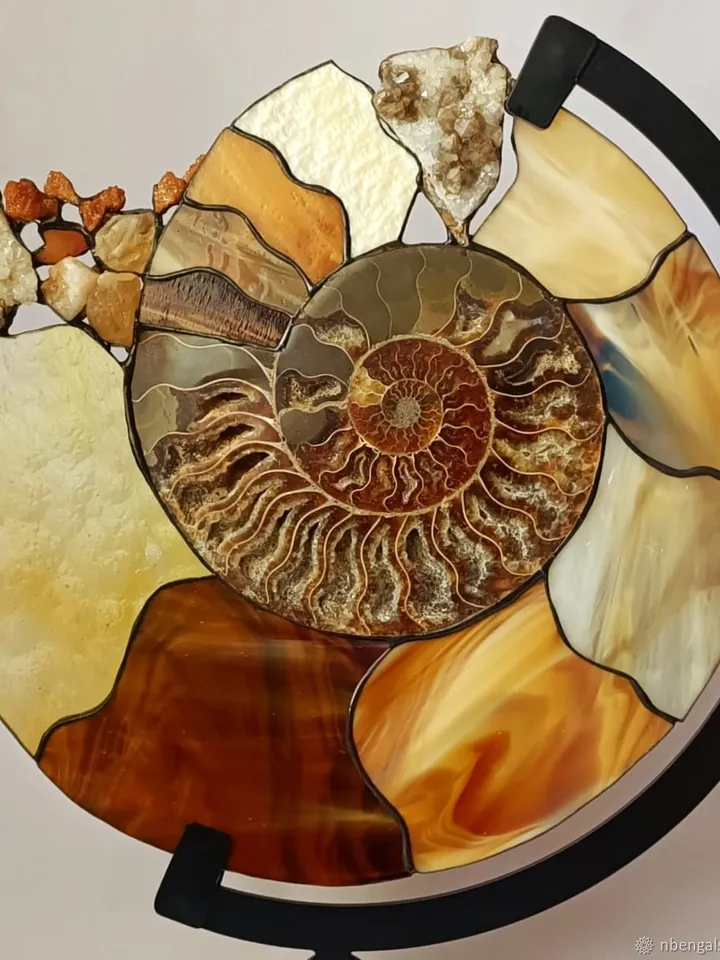 Ammonite with Gemstones on a Large Stand, Tiffany Stained Glass, Ammonite with Gemstones, Tiffany-Style Stained Glass Ammonite, Artistic Ammonite Sculpture, Fossil Art with Crystals, Stained Glass Ammonite on Stand