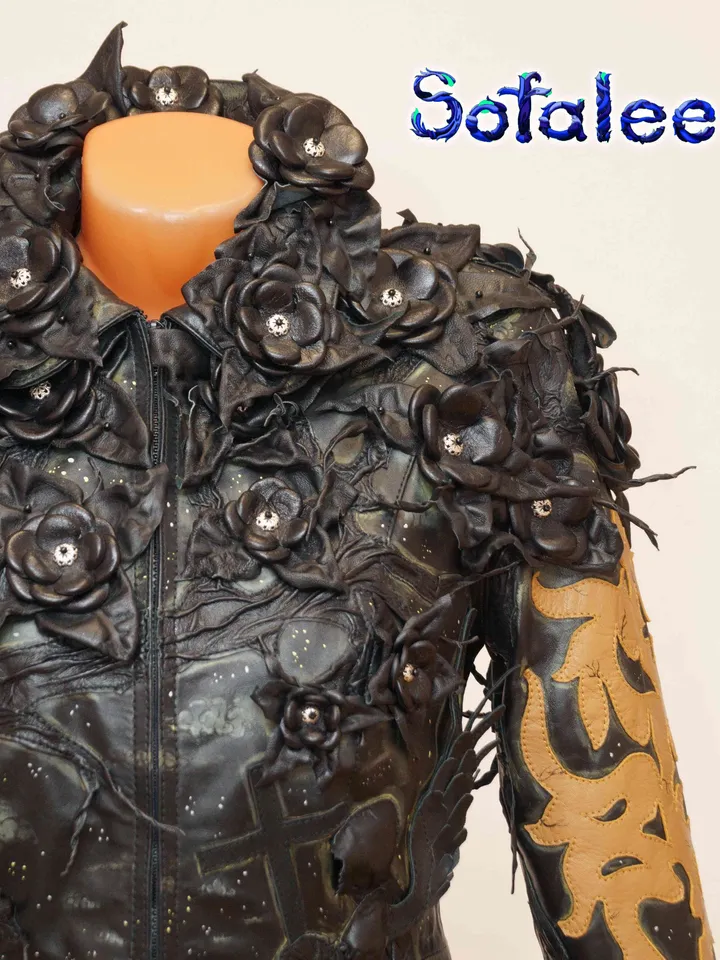 The luxury 3D floral women's Jacket of black genuine leather with beige application,Handmade aristocratic style clothing