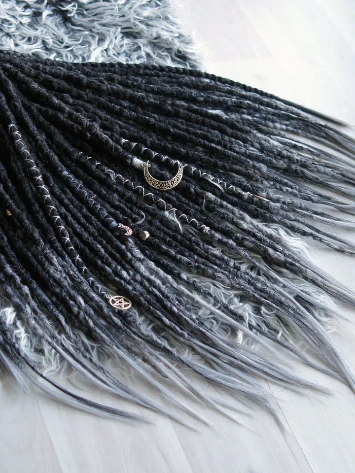 Synthetic Black Dreadlock Extensions With Gray Ends Double or Single Ended DE SE Fake Dreads Witch Hair 20 inches