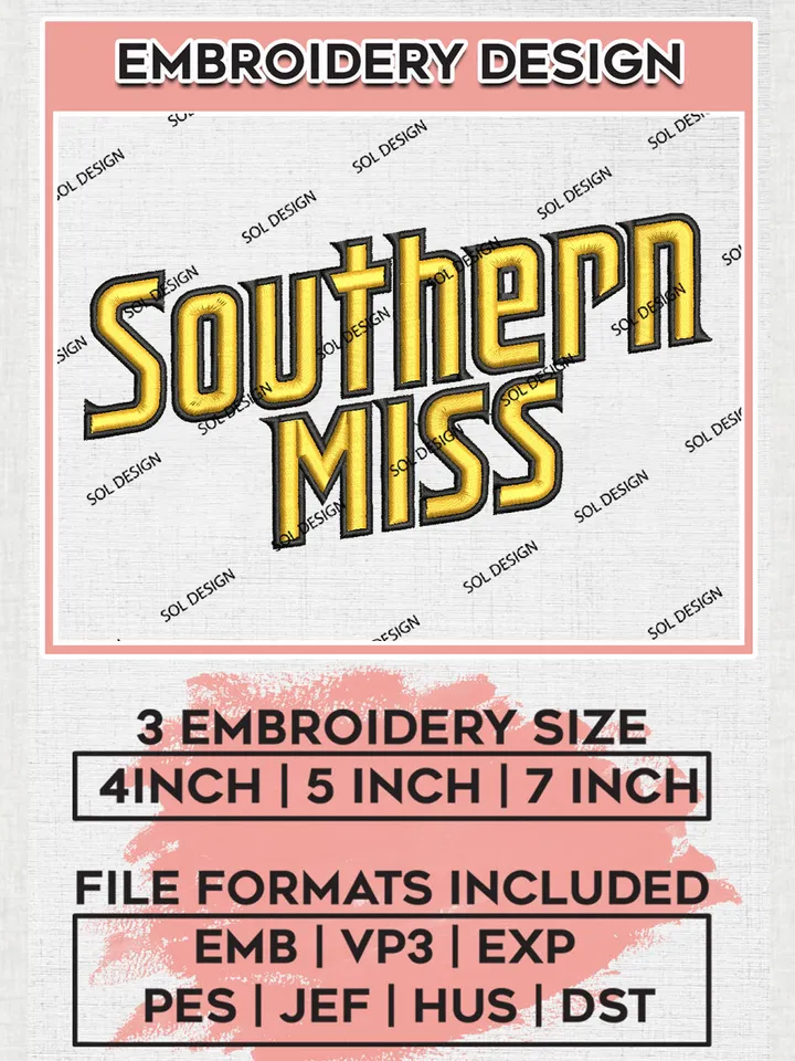 NCAA Southern Miss Team Word Logo Embroidery Design Files, NCAA Southern Miss Golden Eagles Machine Embroidery, NCAA Teams, Game Day, 3 sizes, NCAA Machine embroidery designs, Digital Download