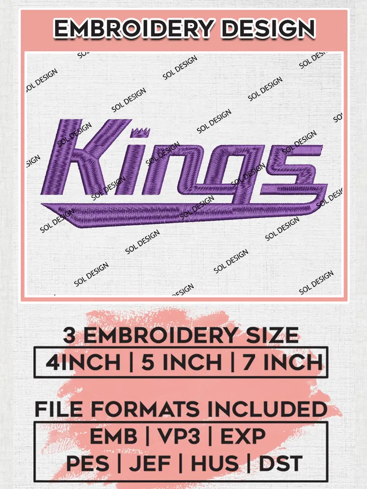 NBA Kings Basketball Team Word Logo Embroidery Designs, NBA G League Team Embroidery Files, Basketball Machine Embroidery Designs, NBA Stockton Kings Team Logo, Sport Machine Embroidery Design, Digital Download