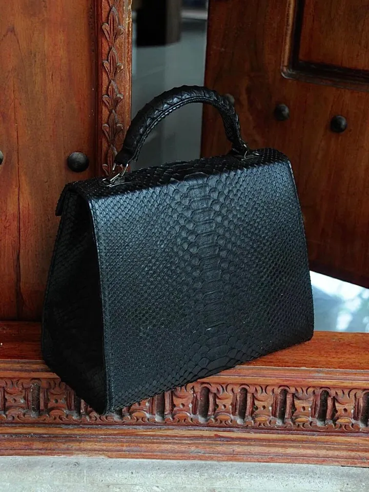Top handle black classy genuine python skin big bag | exotic leather bags | Elegant women purse | snake skin bag | designer leather bag