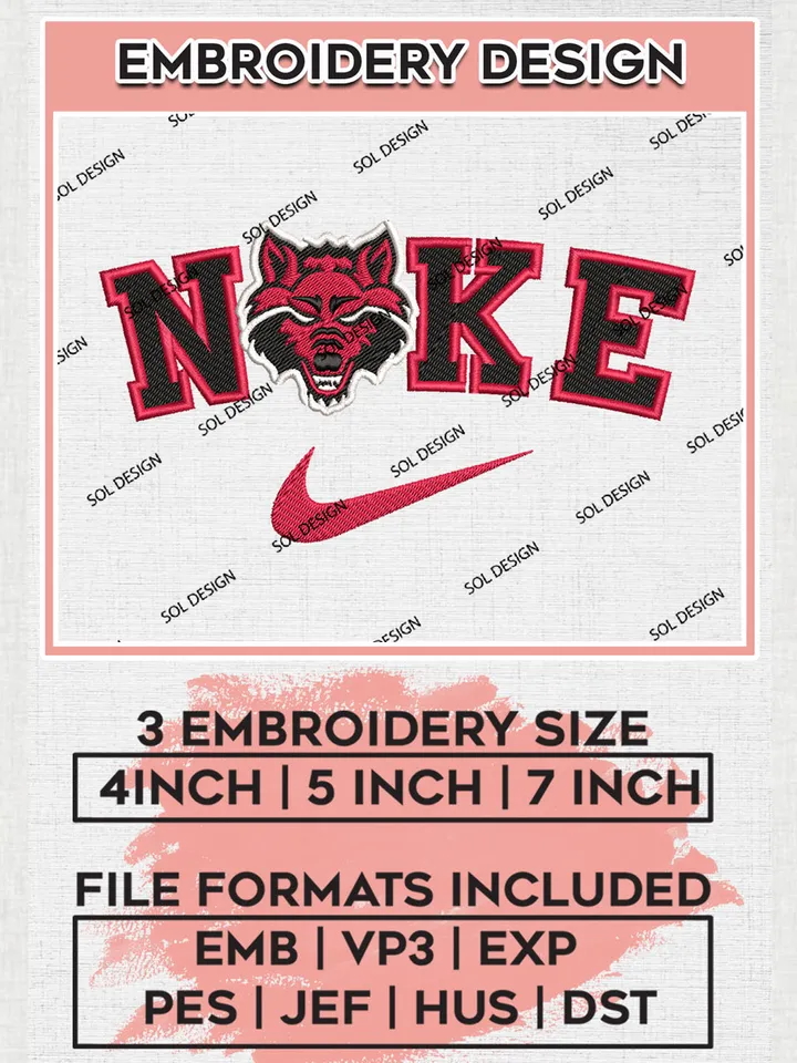 Nike Arkansas State Red Wolves Machine Embroidery Design, NCAA Arkansas State Red Wolves Embroidery Design files, NCAA Embroidery Designs, NCAA Machine Embroidery Designs, Digital Download