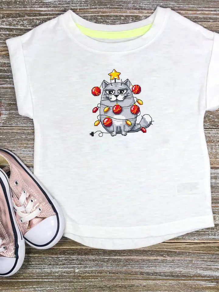 Funny Christmas cat cross stitch pattern PDF download, Small Christmas cross stitch chart, Christmas Lights Cat pattern digital PDF #N139
