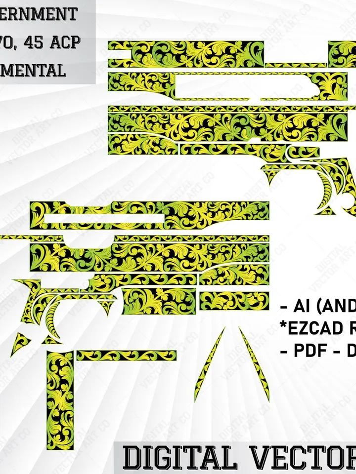 Colt 1911 Government Scroll Ornamentale Ezcad Ready Files Ai Svg Dxf Png Digital Download Laser Engraving | Laser Cut Svg Files | Engraving