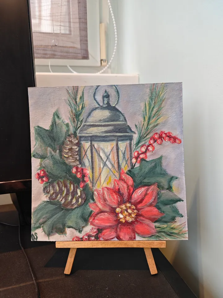 Christmas Mistletoe Original Painting Red Mistletoe And Flashlight Original Art X-mas Tree And Mistletoe Artwork Christmas Red Poinsettia Flower Oil Painting 8 x 8 inches by OlgaSokolovaArt