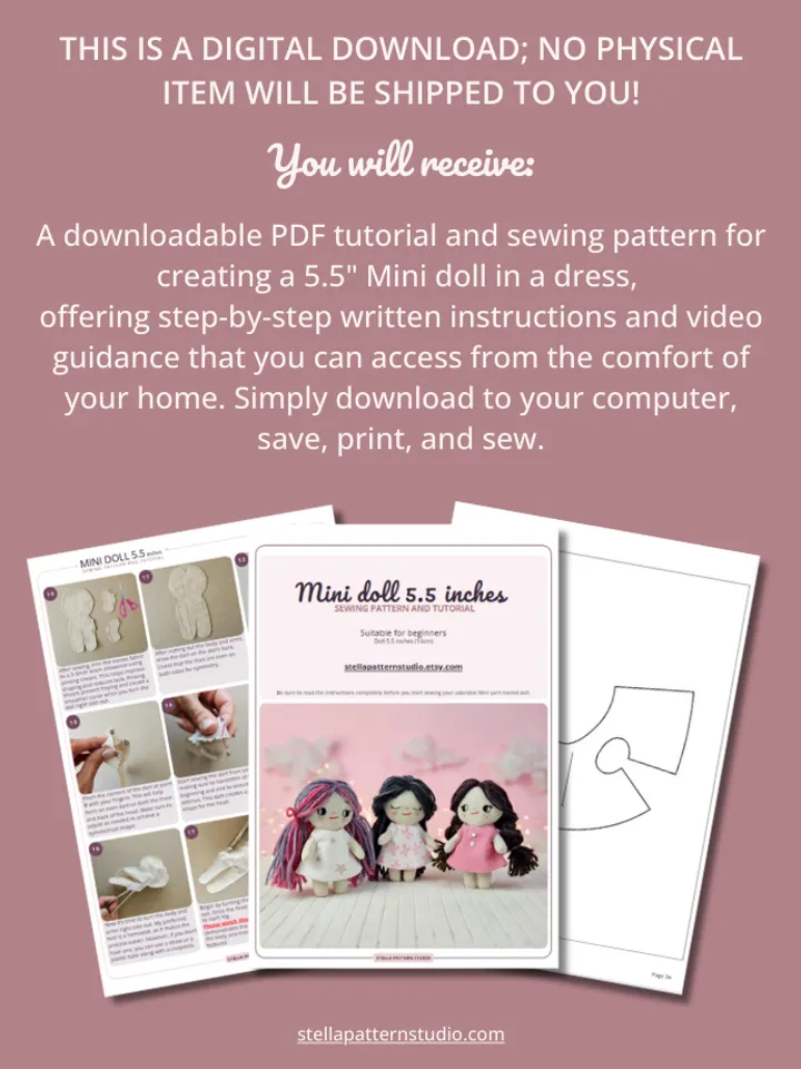 PDF Mini Fabric Doll in a dress 14cm (5.5") sewing pattern and tutorial
