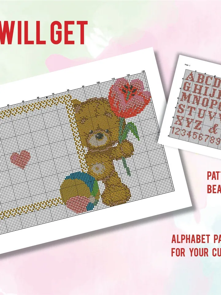 Teddy Bear Frame and Alphabet Cross stitch pattern | Embroidery Pattern | Instant Download | Embroidery Designs