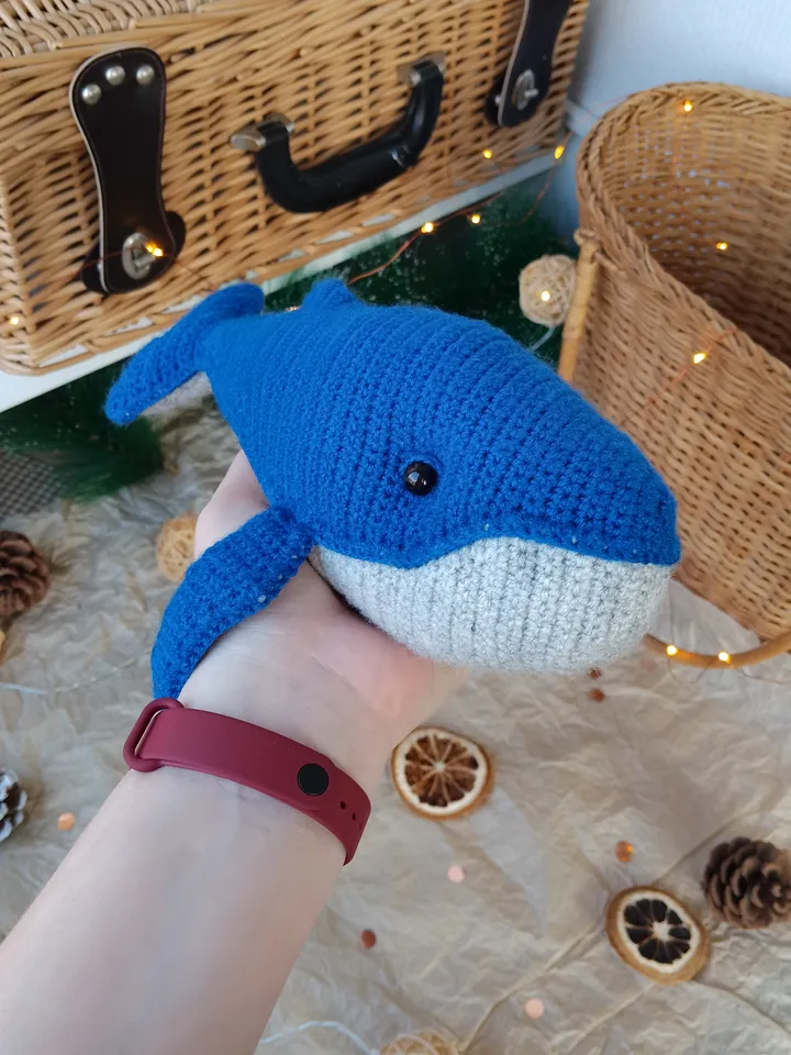 Stuffed blue Whale toy nursery decor for baby. Stuffed animal cotton yarn whale for home decor. Big original whale toy