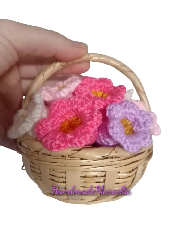 Handwoven Reed Basket with 12 Crochet Lily of the Valley Flowers β Rustic Handmade Home Decor β Hypoallergenic Acrylic Yarn Gift