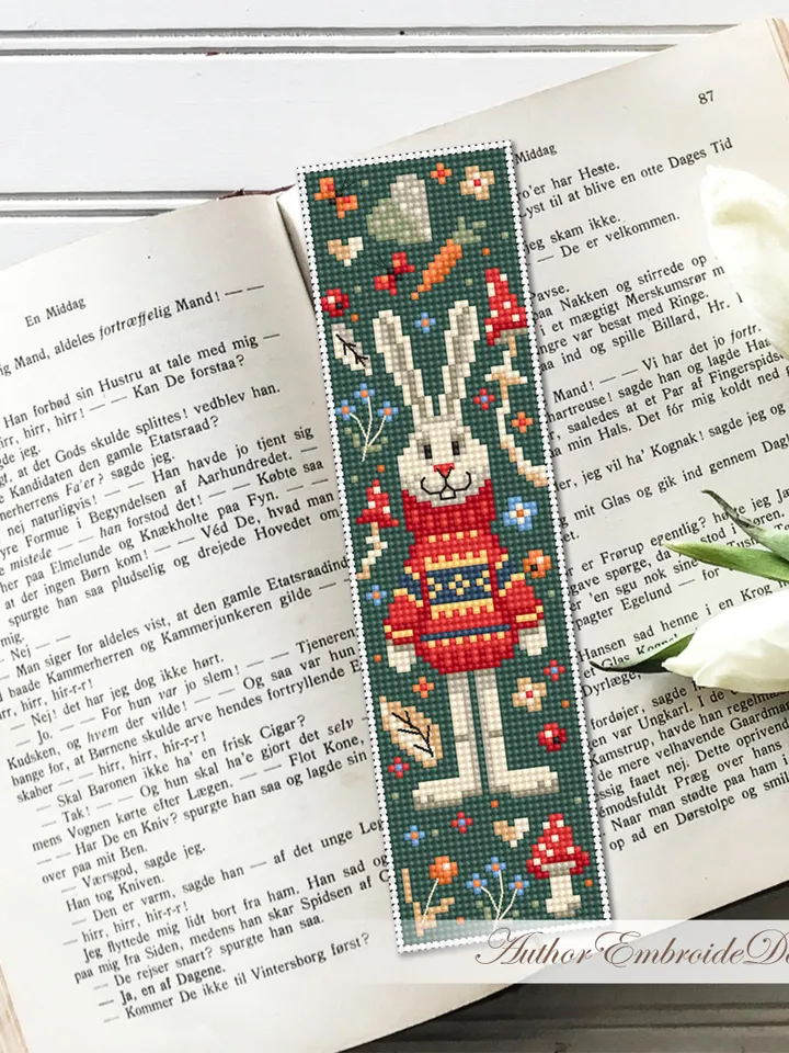 Animal bookmark cross stitch pattern PDF download Scandinavian folk rabbit cross stitch chart, Autumn bookmark pattern digital PDF #B428