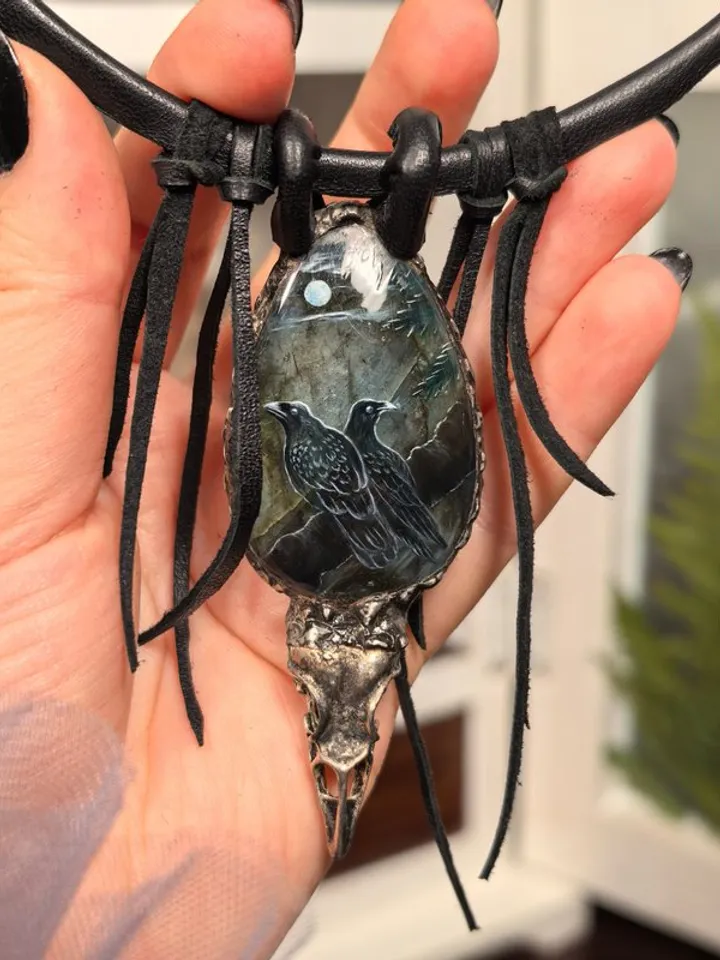 Raven necklace Crow Viking necklace Labradorite gemstone