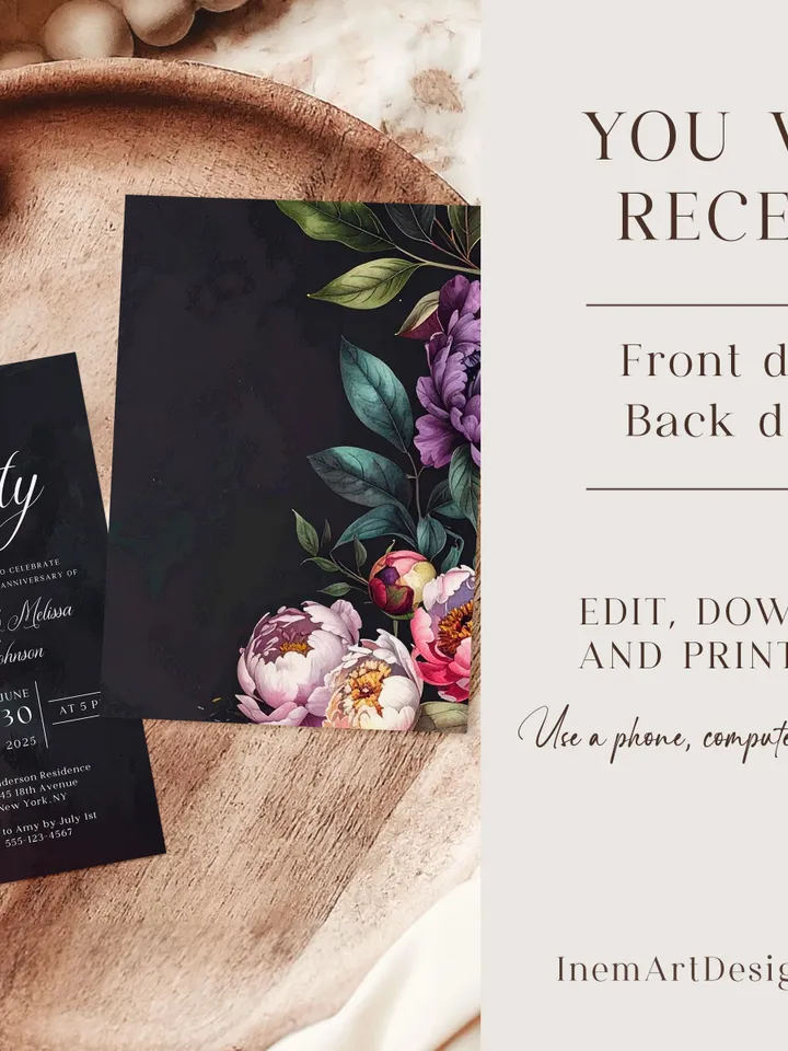 60th Anniversary Party Invitation, 50th, 40th, 30th, 20th, Moody Burgundy & Blush Peony Floral Canva Template 5x7 birthday evite