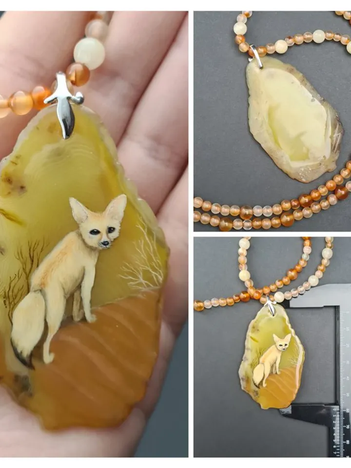 Desert fox fenech leather necklace Hand painted jewelry miniature painting