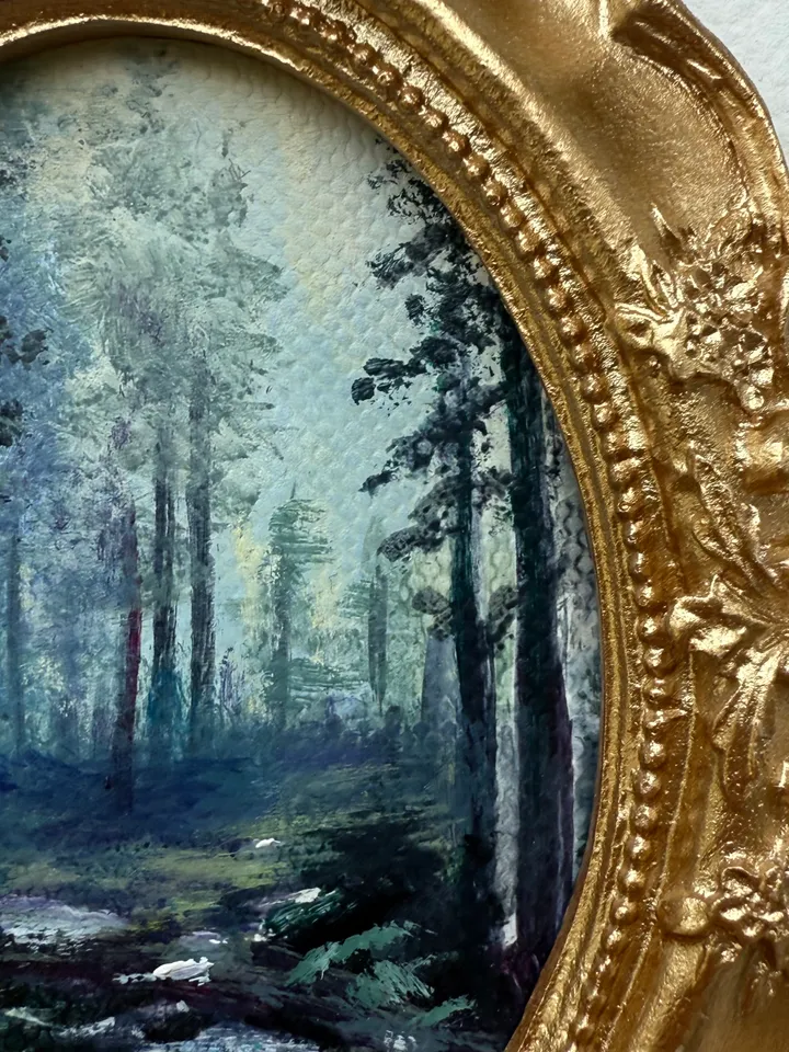 Enchanted Forest Landscape Oil Painting Original In Vintage Style Frame Small Framed Oval Painting Art