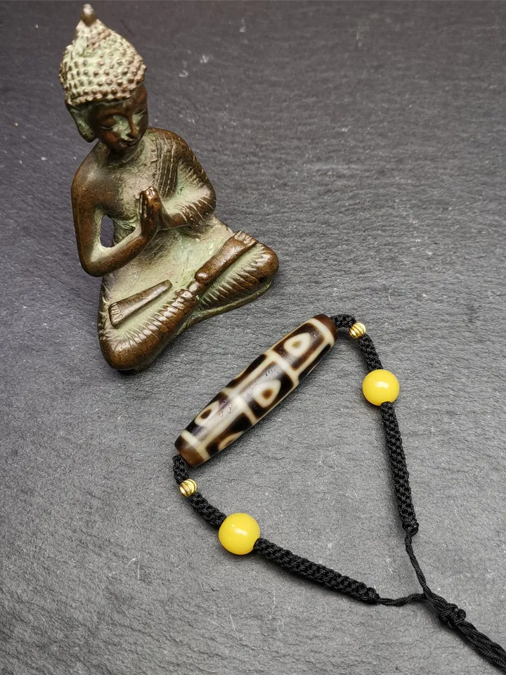 Gandhanra Antique Tibetan 9 Eyes Bodhi Dzi Bead Necklace, 2.13" x 0.51", 30 Years Old