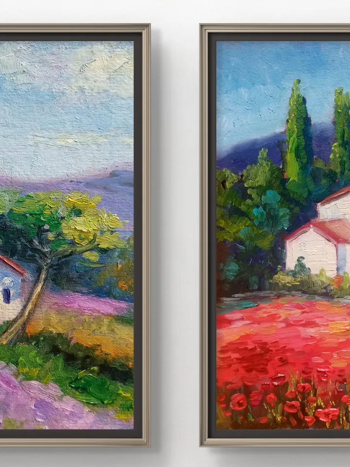 Field of poppies, house, colorful bright landscape, oil painting, impressionism red painting, rustic wildflowers, poppy art work drawing