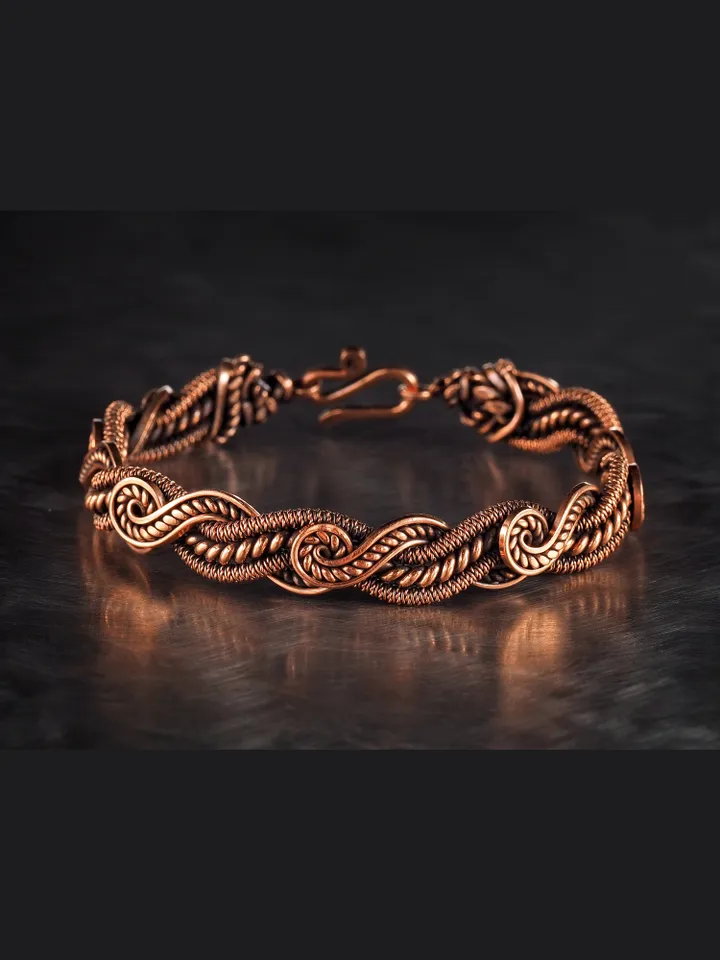 Wire wrapped bracelet, Unique 7th 22nd Anniversary gift idea, Art Nouveau antique style, One of kind braided statement bangle, Handmade oxidized pure copper jewelry, Pain relief, EMF protection