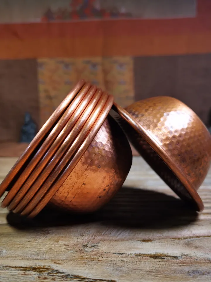 Gandhanra Handmade Tibetan Buddhist Water Offering Bowls,Yonchap Bowls,Made of Red Copper,1 Set of 7 Bowls