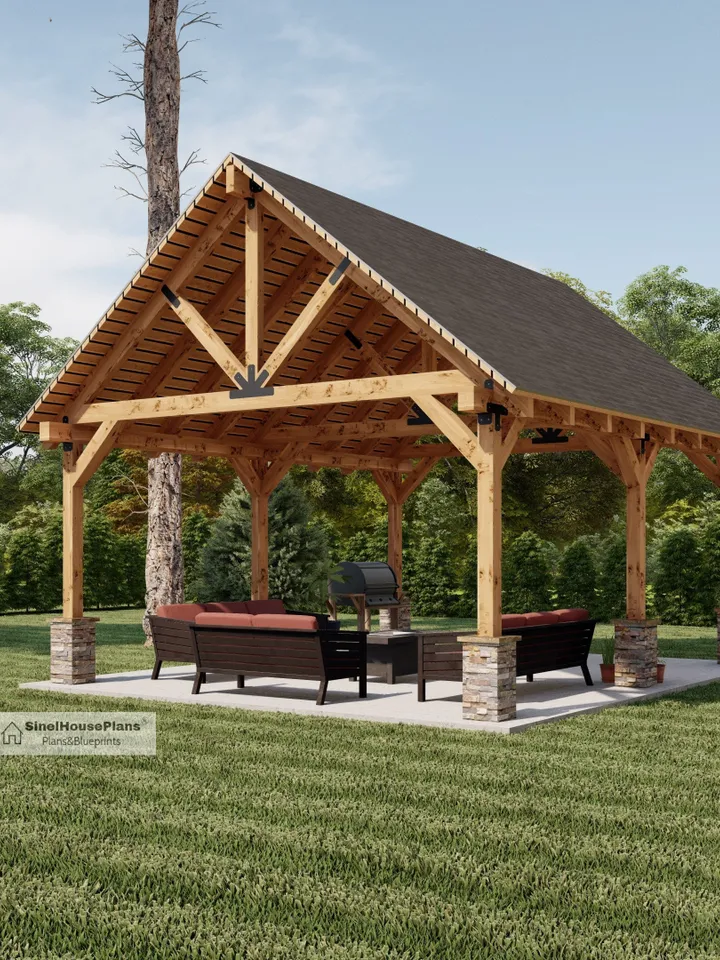 16x20 Garden Pavilion Plans , Outdoor Gazebo Blueprints , Traditional Style Carports.