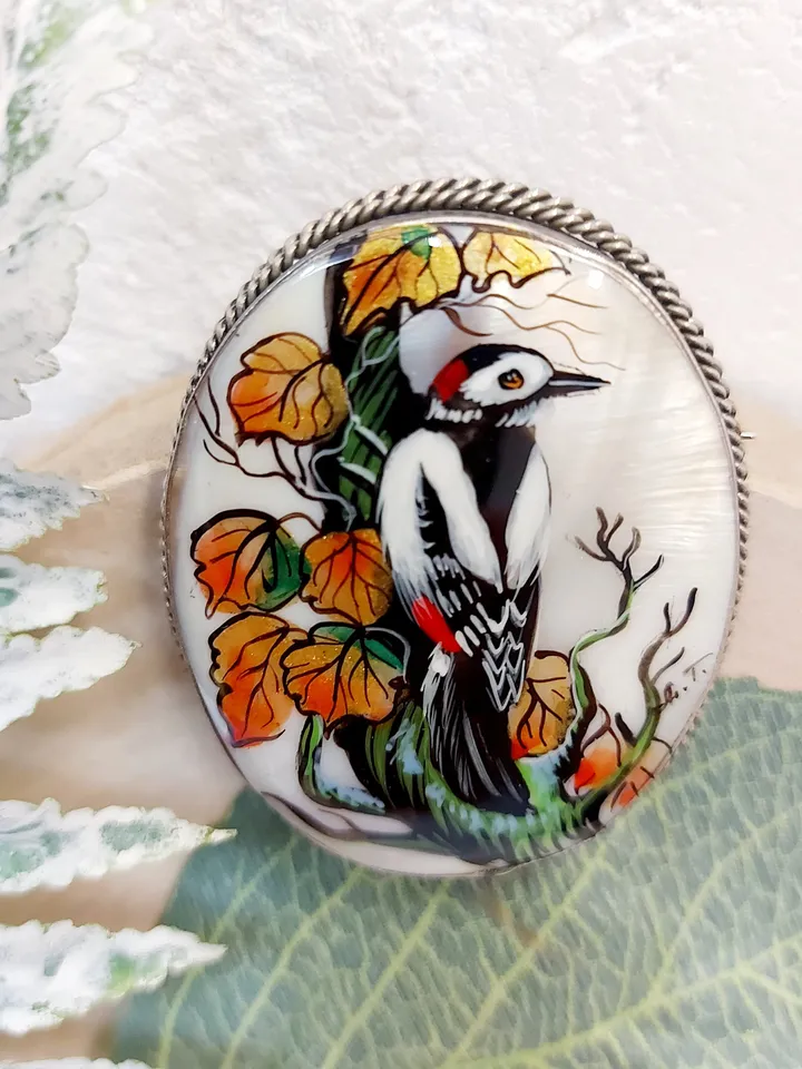 Handmade brooches for women with Forest Bird: hand painted mother of pearl brooch, elegant shell pin with Woodpecker in the forest