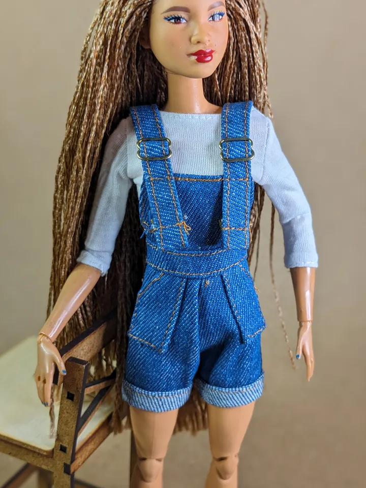 Dark blue denim jumpsuit shorts for 1/6 scale fashion female dolls