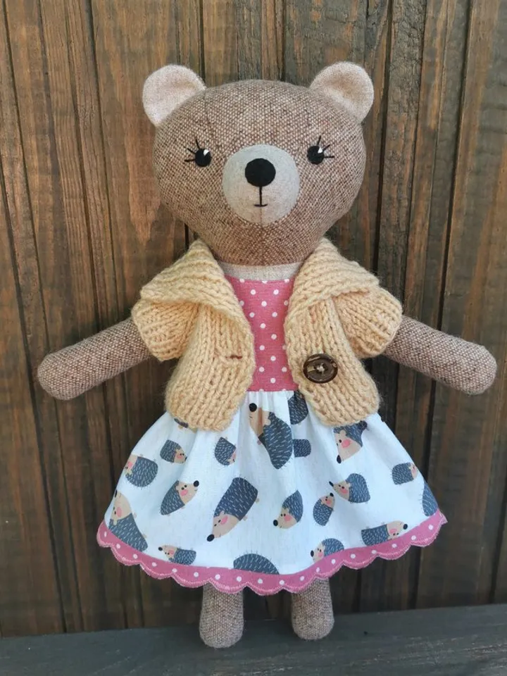 Brown bear girl, handmade plush toy, stuffed teddy bear doll, textile animal doll