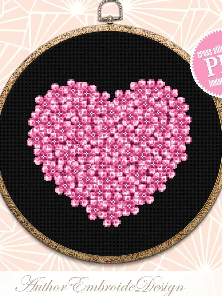Flower heart cross stitch pattern PDF download Pink flowers cross stitch chart digital, Floral heart ornament for hand embroidery PDF #P37